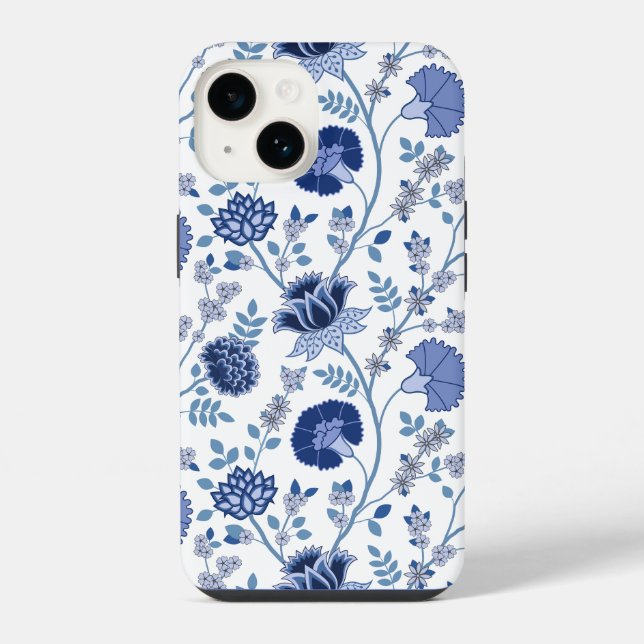 Jacobobobohnenfloral Big Pattern Blues auf Weiß iPhone 14 Hülle (Rückseite)