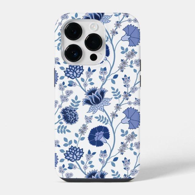 Jacobobobohnenfloral Big Pattern Blues auf Weiß iPhone 14 Pro Hülle (Rückseite)