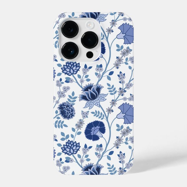 Jacobobobohnenfloral Big Pattern Blues auf Weiß iPhone 14 Pro Hülle (Rückseite)