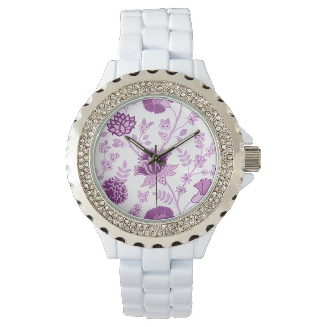 Jacobobobohnenfloral Lg Muster Pinks auf Weiß Armbanduhr (Vorderseite)