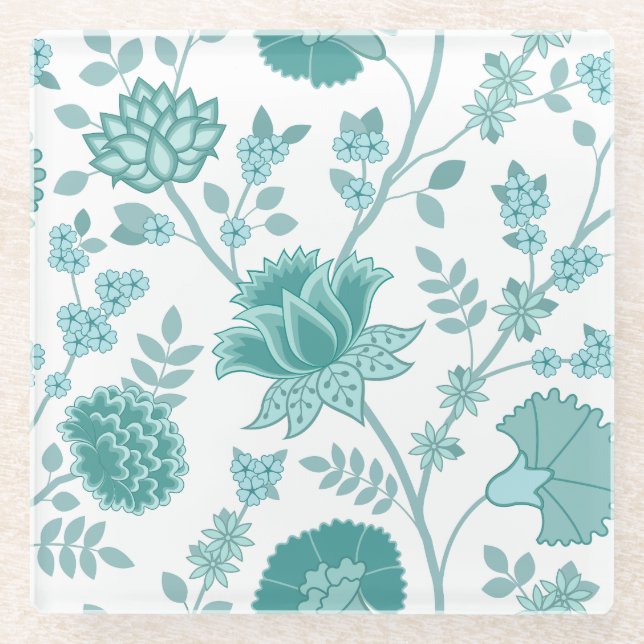 Jacobobobohnenfloral Lg Muster Tees auf Weiß Glasuntersetzer (Vorderseite)