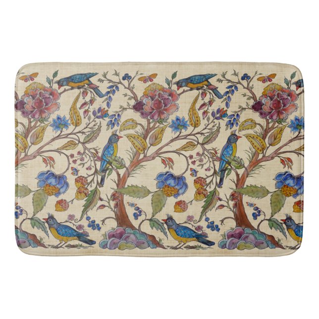 Jacobobohne Bird Floral Chinoiserie Tan Linen Look Badematte (Vorderseite)