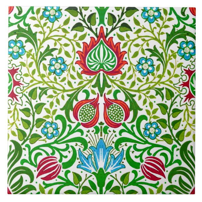 Jacobobohne, florale Damaskus, grün und korallenro Fliese (Vorderseite)