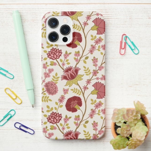 Jacobobohne Grosse Muster Reds Pinks Gold Creme iPhone 12 Pro Max Hülle (Auf dem Schreibtisch)