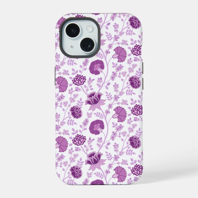 Jacobobohnenfloral Repeat Pattern Pinks auf Weiß iPhone 15 Hülle (Rückseite)