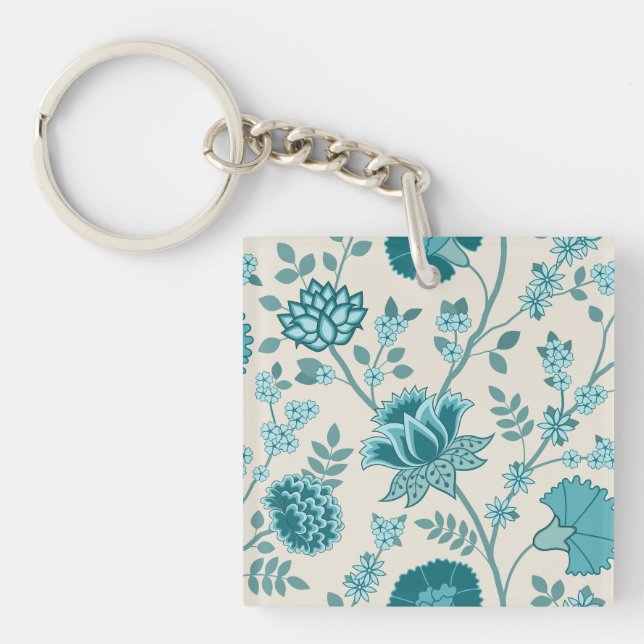 Jacobohne Blumenmuster Lg Muster Teals auf Creme Schlüsselanhänger (Vorderseite)