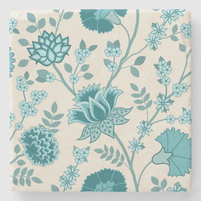 Jacobohne Blumenmuster Lg Muster Teals auf Creme Steinuntersetzer (Vorderseite)
