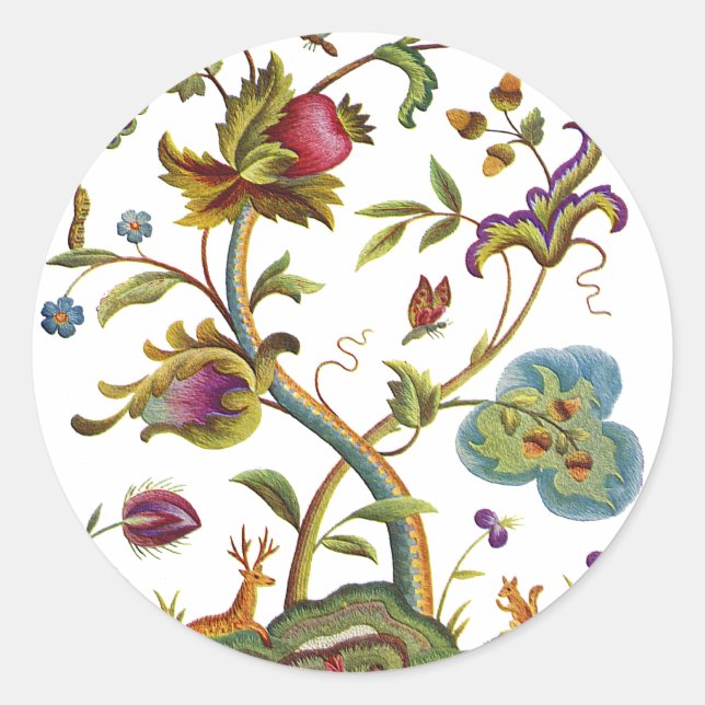 Jacobohne Crewel Stickerei Baum des Lebens Runder Aufkleber (Vorderseite)