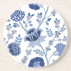 Jacobohne Floral Lg Muster Blau auf Weiß Getränkeuntersetzer