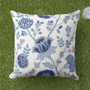 Jacobohne Floral Lg Muster Blau auf Weiß Kissen