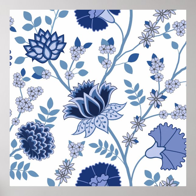 Jacobohne Floral Lg Muster Blau auf Weiß Poster (Vorne)