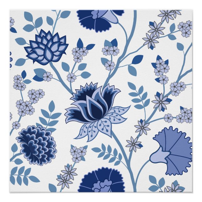 Jacobohne Floral Lg Muster Blau auf Weiß Poster (Vorderseite)