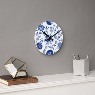 Jacobohne Floral Lg Muster Blau auf Weiß Runde Wanduhr