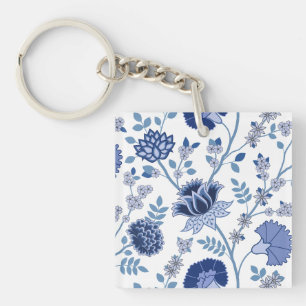Jacobohne Floral Lg Muster Blau auf Weiß Schlüsselanhänger