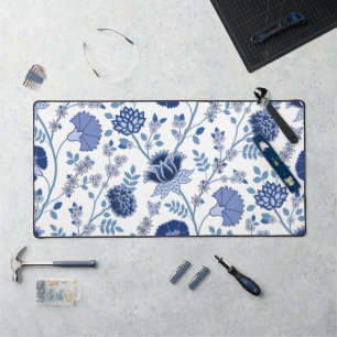 Jacobohne Floral Lg Muster Blau auf Weiß Schreibtischunterlage