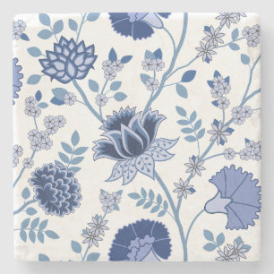 Jacobohne Floral Lg Muster Blau auf Weiß Steinuntersetzer