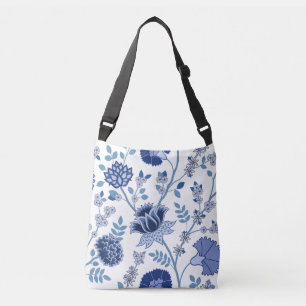 Jacobohne Floral Lg Muster Blau auf Weiß Tragetaschen Mit Langen Trägern