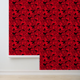 Jacquard Black on Red Raven Gothic Wohngestaltung Tapete