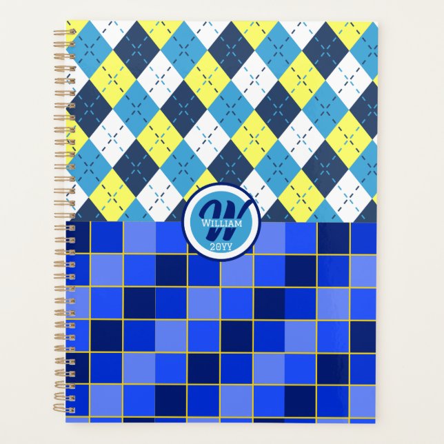 Jacquard et chèques préppy bleu et jaune (Devant)