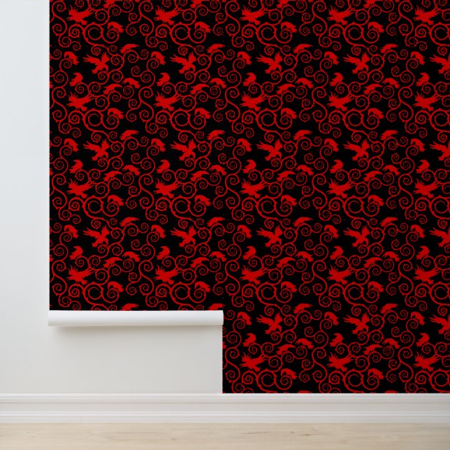 Jacquard Red und Black Raven Viktorianisch Gothic Tapete (Anwendung)