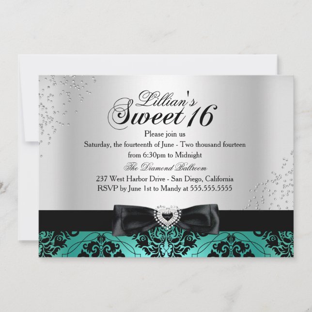 Jade Black Damask Sparkle Sweet 16 Invitation (Devant)