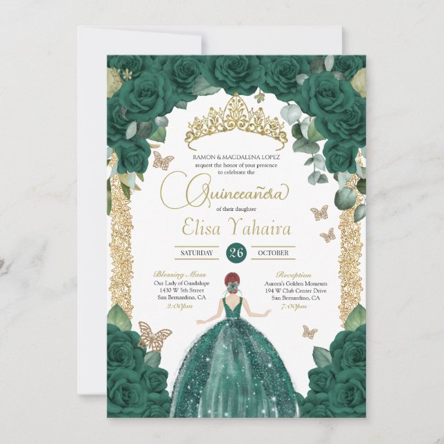 Jade Emerald Green Butterfly Princess Quinceanera Einladung (Vorderseite)