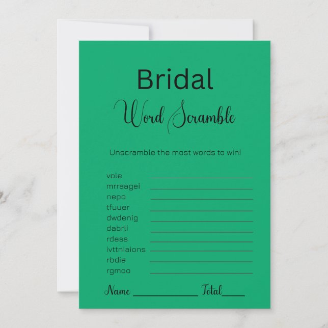Jade Green Bridal Word Scramble Game Einladung (Vorderseite)