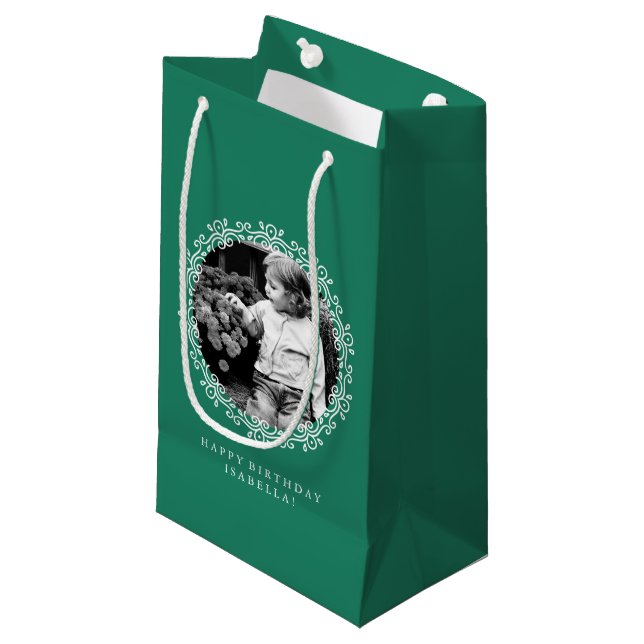 Jade Green Extravagant Wirbel Foto Frame Kleine Geschenktüte (Vorderseite Schrägansicht)