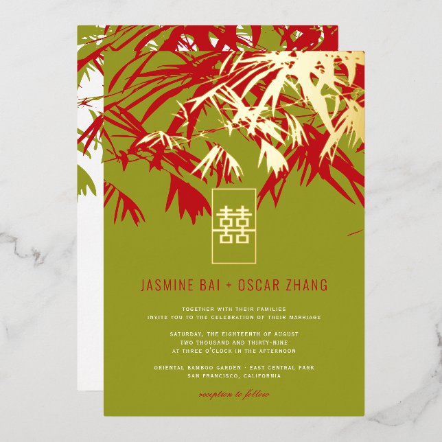 Jade Green & Red Zen Bamboo Verlasse chinesische H Folieneinladung (Vorderseite/Rückseite)