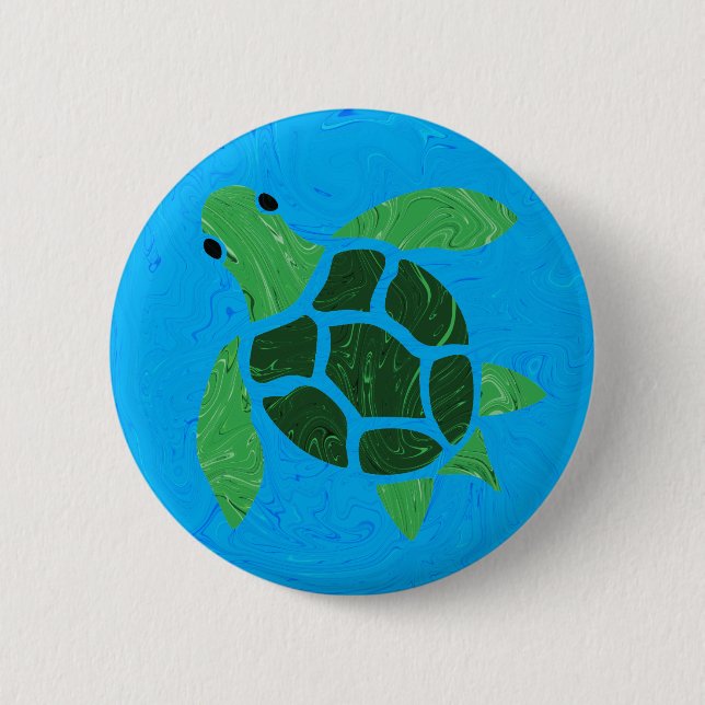 Jade Green Sea Turtle auf Marble Ocean Blue Button (Vorderseite)