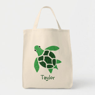Jade Green Sea Turtle Mosaik mit Namen Tragetasche
