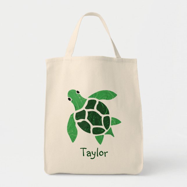 Jade Green Sea Turtle Mosaik mit Namen Tragetasche (Vorne)