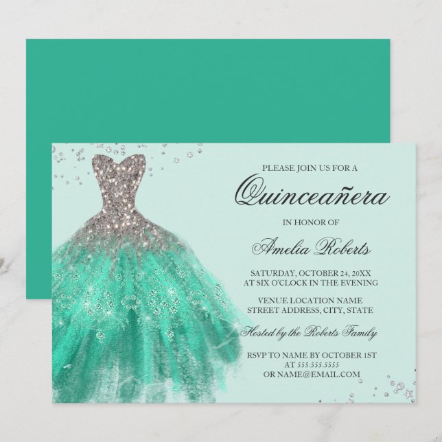 Jade Green Sparkle Dress Quinceanera Einladung (Vorne/Hinten)