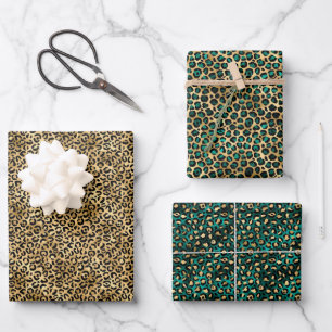 Jade Green und Gold Foil Look Leopard Print Geschenkpapier Set