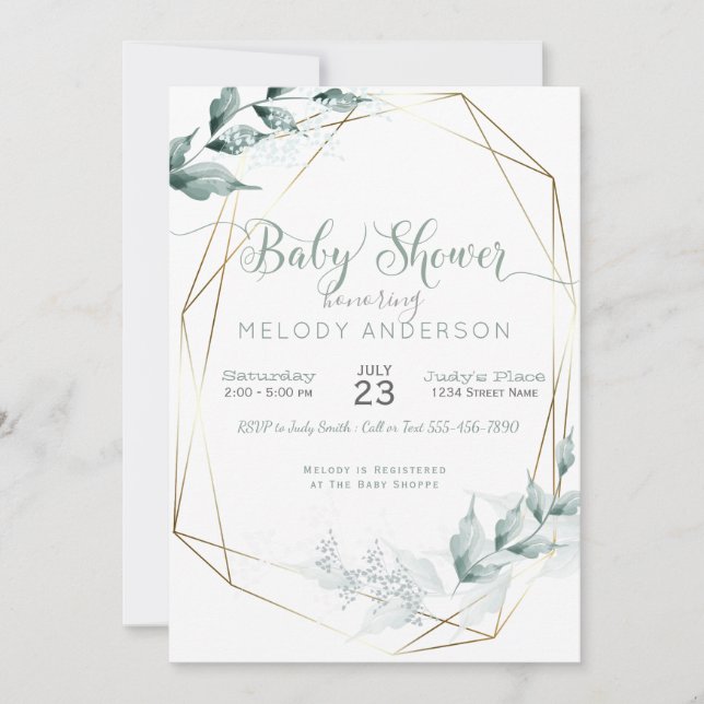 Jade Green Watercolor Botanical Baby Shower Einladung (Vorderseite)