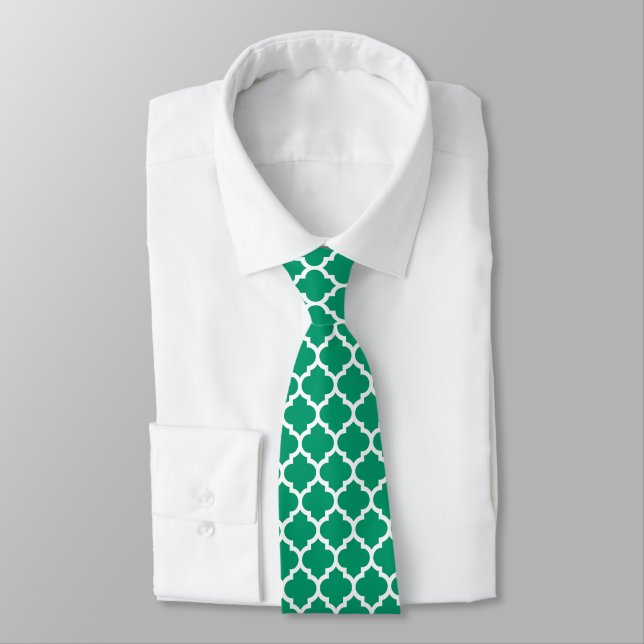 Jade Green White marokkanische Quatrefolienmuster  Krawatte (Gebunden)