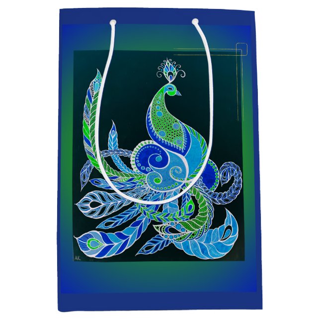 Jade Majesty Elegante Grün und Blau Pfau Mittlere Geschenktüte (Vorderseite)