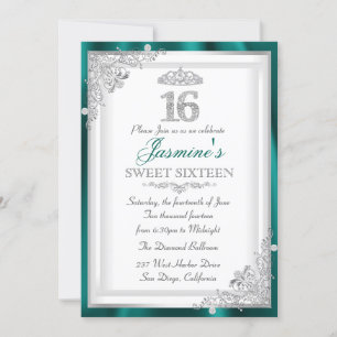 Jade Silber Diamant Damast & Tiara Sweet 16 Einlad Einladung