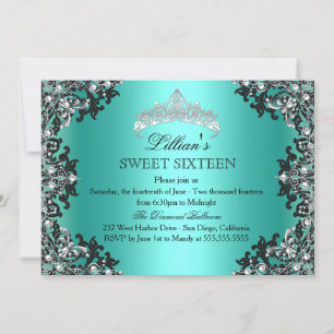 Jade Silber Schwarz Damast Tiara Sweet 16 Einladun Einladung