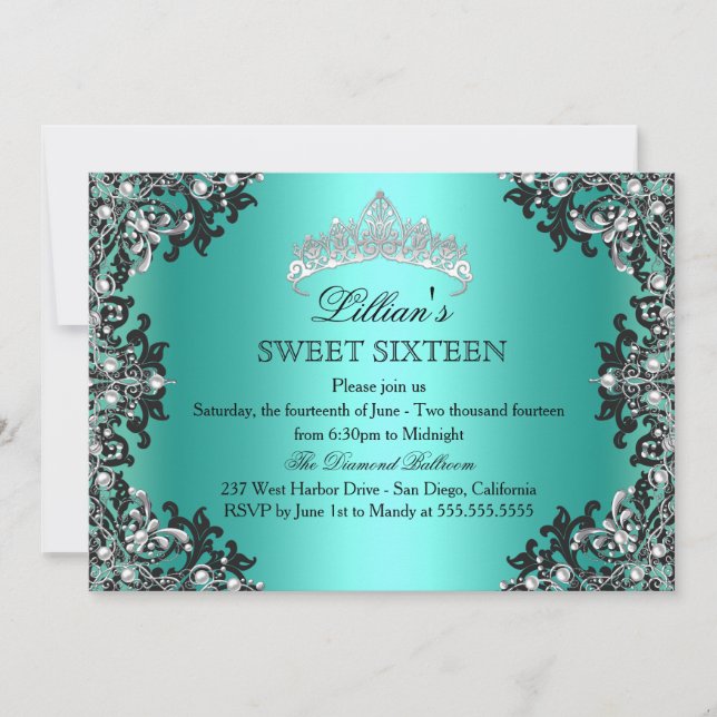 Jade Silver Black Damask Tiara Sweet 16 Invitation (Devant)