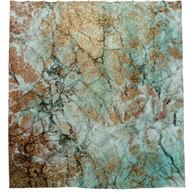 Jade- und Gold-Glitzer-Marmor Duschvorhang (Vorderseite)