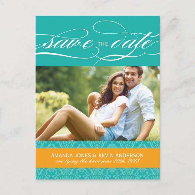 Jade und Orange Damask Save the Date Ankündigungspostkarte (Vorderseite)