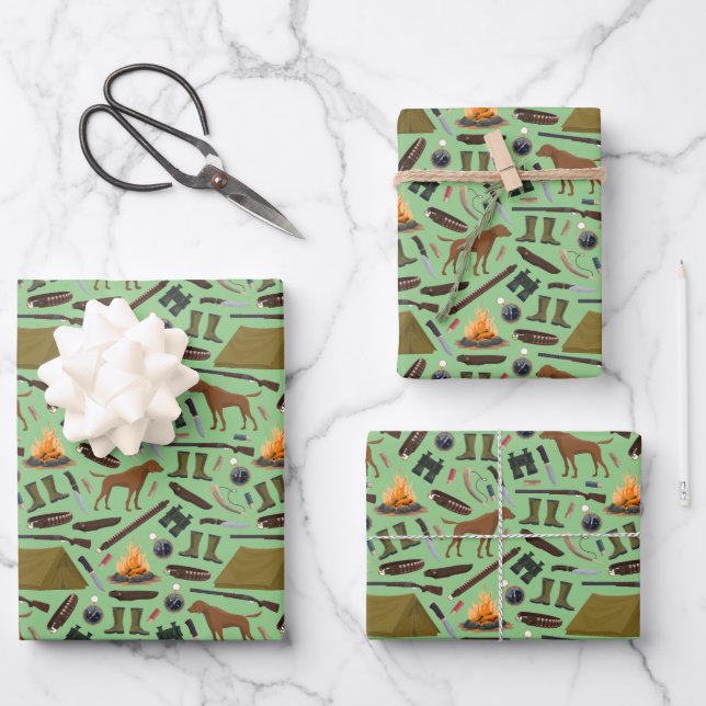 Jagd Camping Zelt Campfire Schießpistole Muster Geschenkpapier Set (Vorderseite)