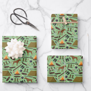Jagd Zelt Camping Lagerfeuer Schrotflinte Muster Geschenkpapier Set