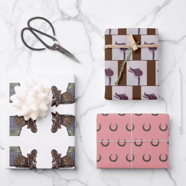 Jagdklubpferd, Tack, Pferdeschuh Geschenkpapier Set (Vorderseite)