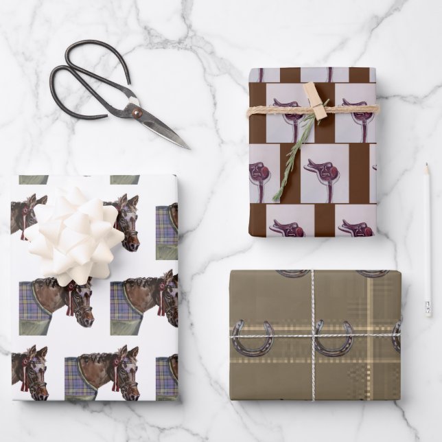 Jagdklubpferd, Tack, Pferdeschuh Geschenkpapier Set (Vorderseite)