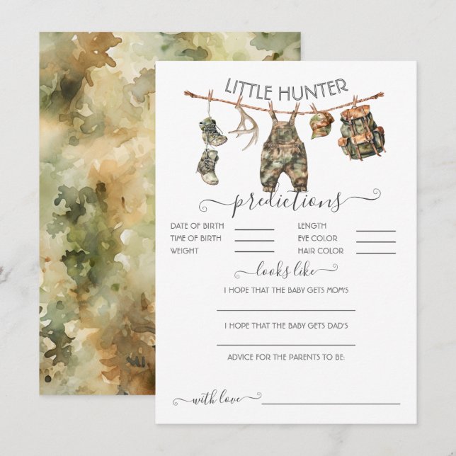Jagen Camouflage Clothesline Baby Predictions Game Einladung (Vorne/Hinten)