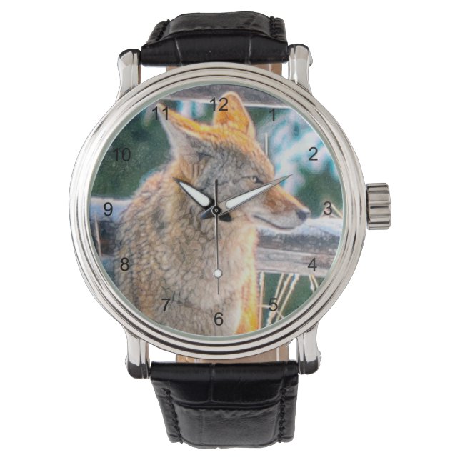 Jagen Coyote und Winter Snow Wildlife Watch Armbanduhr (Vorderseite)