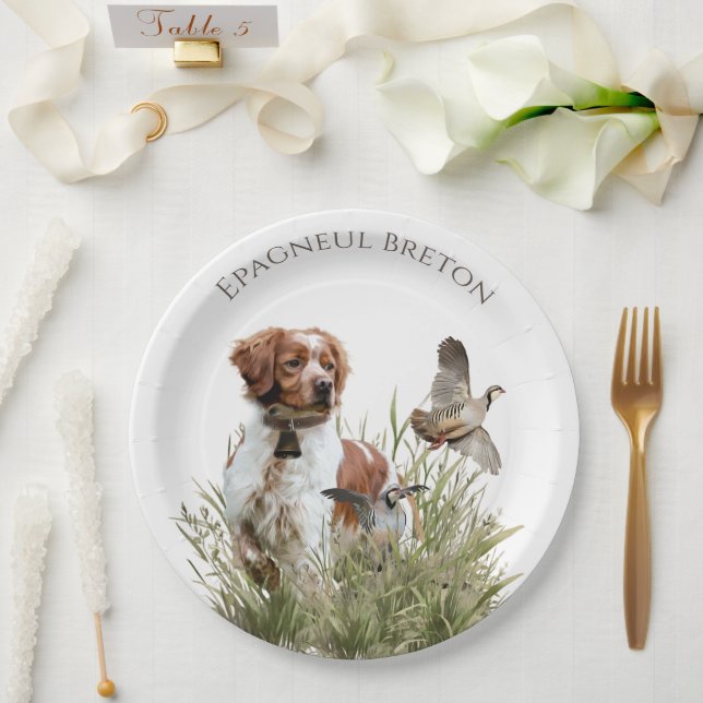 Jagen mit einem Bretagne-Hund, Kunst Pappteller (Hochzeit)