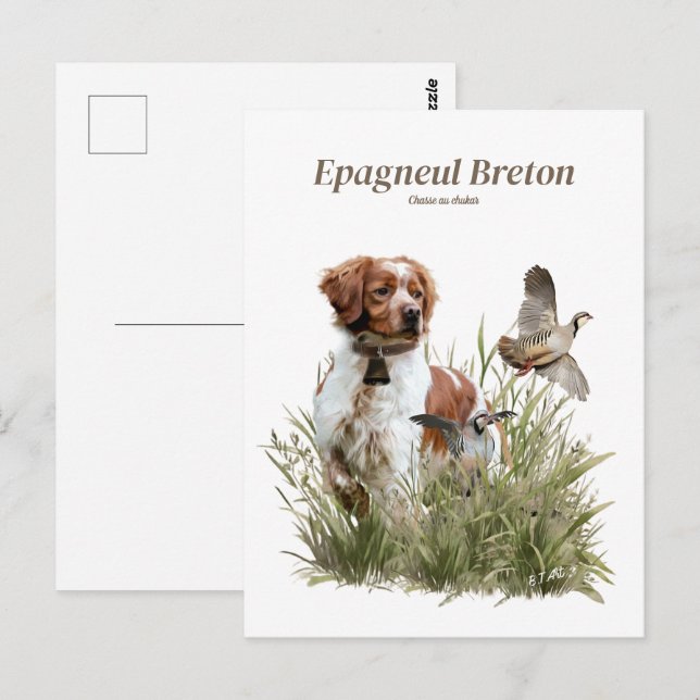 Jagen mit einem Bretagne-Hund, Kunst Postkarte (Vorne/Hinten)